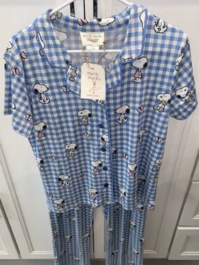 Munki Munki Peanuts Blue Gingham Short-Sleeve Pajama Set Size Large